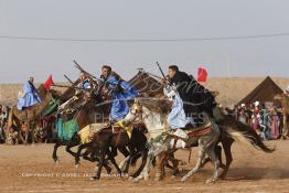 Image du Maroc Professionnelle de  Course typiquement marocaine dite ''la Fantasia'' organisé dans un site désertique sur lequel la ville de Tan Tan a toujours accueilli la majorité des tribus et des grandes familles nomades du désert lors d'un grand Moussem, Samedi 7 Septembre 2013. Le festival parrainé par l'UNESCO rassemble des milliers de nomades du Maroc. (Photo / Abdeljalil Bounhar) 